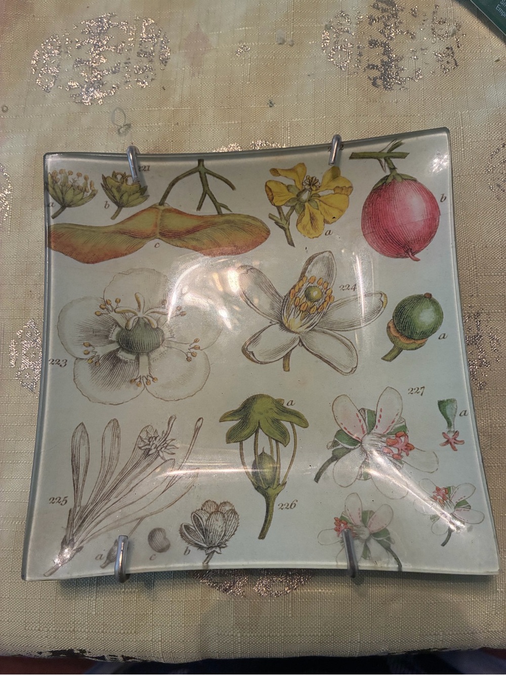 Carol Kaas signed Botanical Glass Decorative Plate - White & Green Floral Design